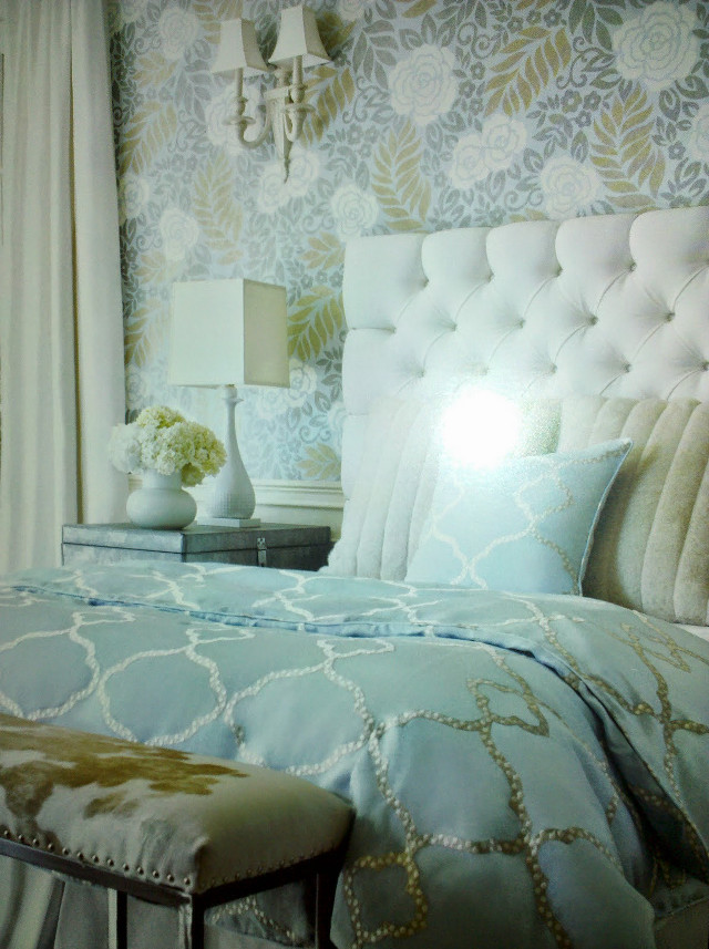 Bed blue comforter white headboard free wallpaper - medium preview image