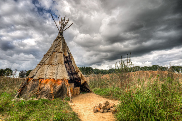 Teepee field firepit cloudy sky free wallpaper - medium preview image