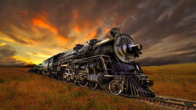 Steampunk train sunset cloudy mountains free wallpaper - medium preview image