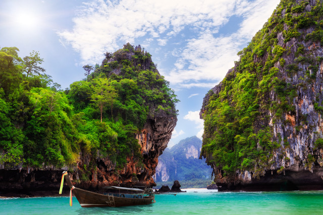 Boat water mountains trees shore free wallpaper - medium preview image