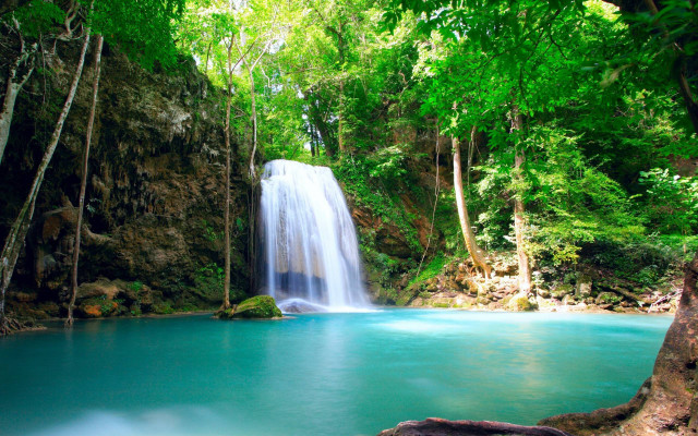 Waterfall forest blue pool middle free wallpaper - medium preview image