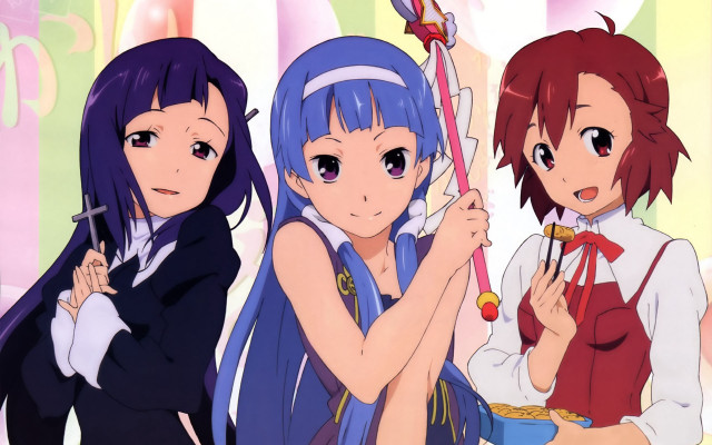 Anime girls umbrellas smiling together free wallpaper - medium preview image