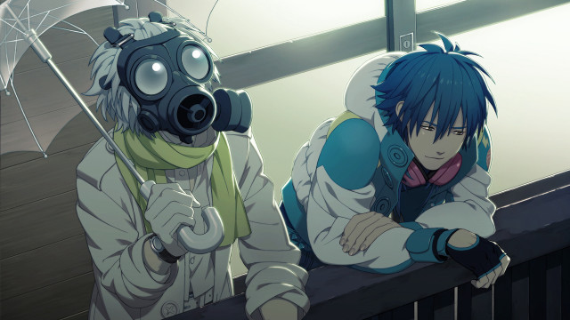 Couple gas masks balcony fence free wallpaper - medium preview image