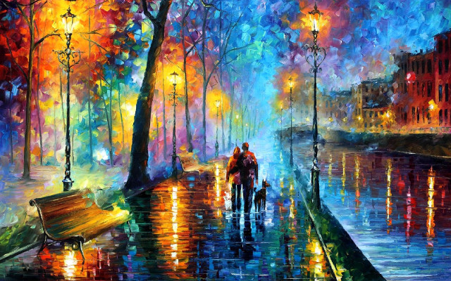 Rainy street night impressionism couple free wallpaper - medium preview image
