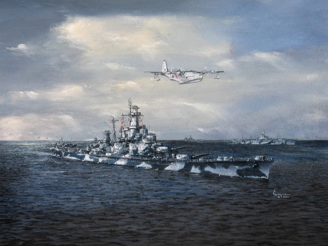 Battleship plane ocean cloudy sky free wallpaper - medium preview image