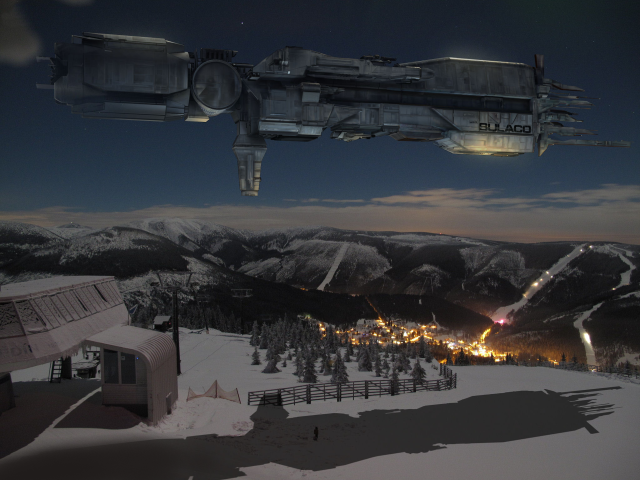 Futuristic building snowy mountains night free wallpaper - medium preview image
