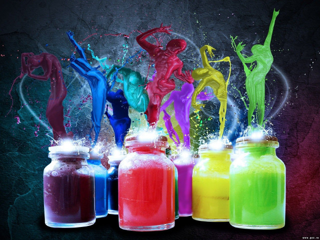 Colorful bottles liquid pouring figure free wallpaper - medium preview image