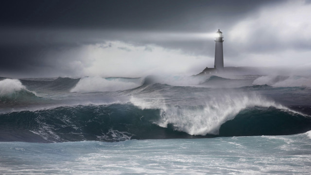 Lighthouse ocean waves cloudy sky free wallpaper - medium preview image