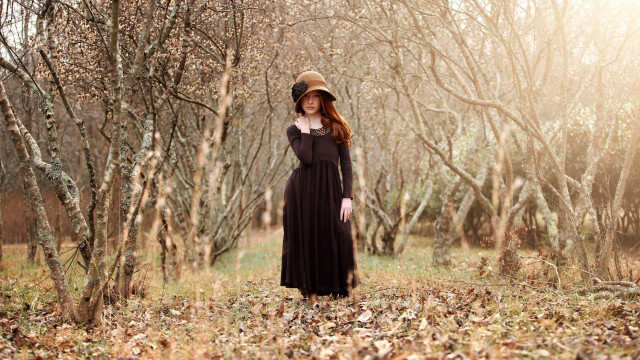 Woman dress hat forest leaves free wallpaper - medium preview image