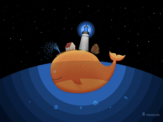 Cartoon whale ocean lighthouse house free wallpaper - medium preview image