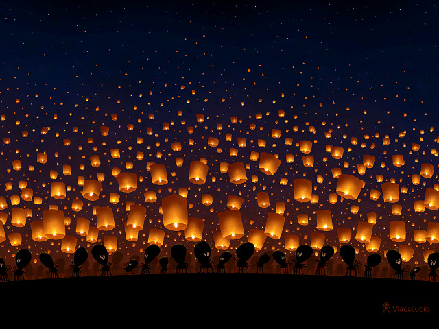 Lanterns field night sky trees free wallpaper - medium preview image