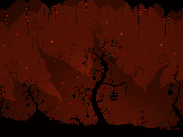 Red background tree pumpkin spooky free wallpaper - medium preview image