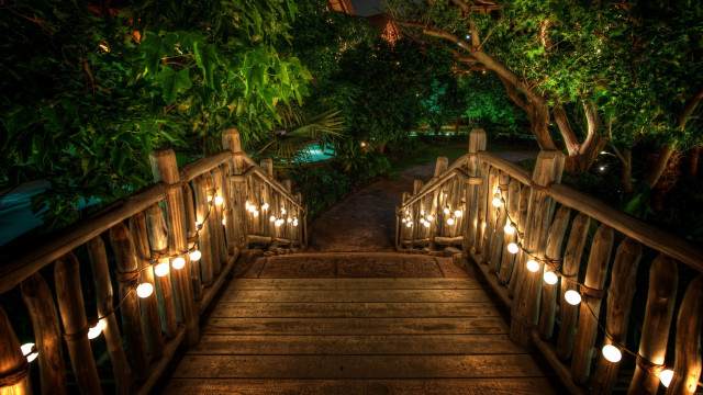 Wooden bridge lights trees background free wallpaper - medium preview image