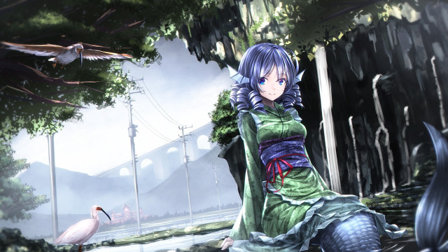 Woman green dress forest bird free wallpaper - medium preview image