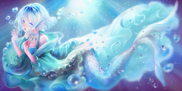 Mermaid blue dress white hair free wallpaper - medium preview image