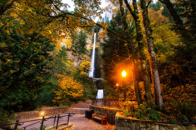 Park waterfall bench nighttime light free wallpaper - medium preview image