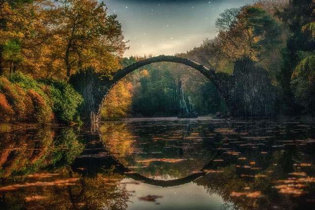 Bridge water trees foliage nighttime free wallpaper - medium preview image