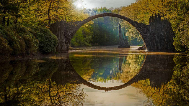 Bridge river boat trees person free wallpaper - medium preview image