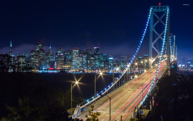 Night city bridge lights background free wallpaper - medium preview image