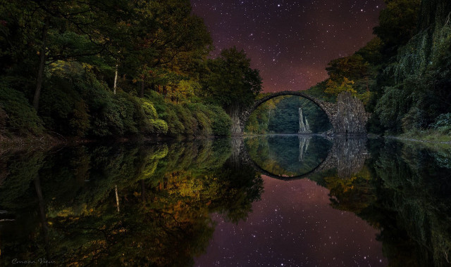Night bridge lake sky stars free wallpaper - medium preview image