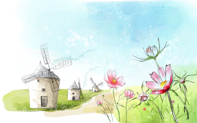 Windmill field flowers blue sky free wallpaper - medium preview image