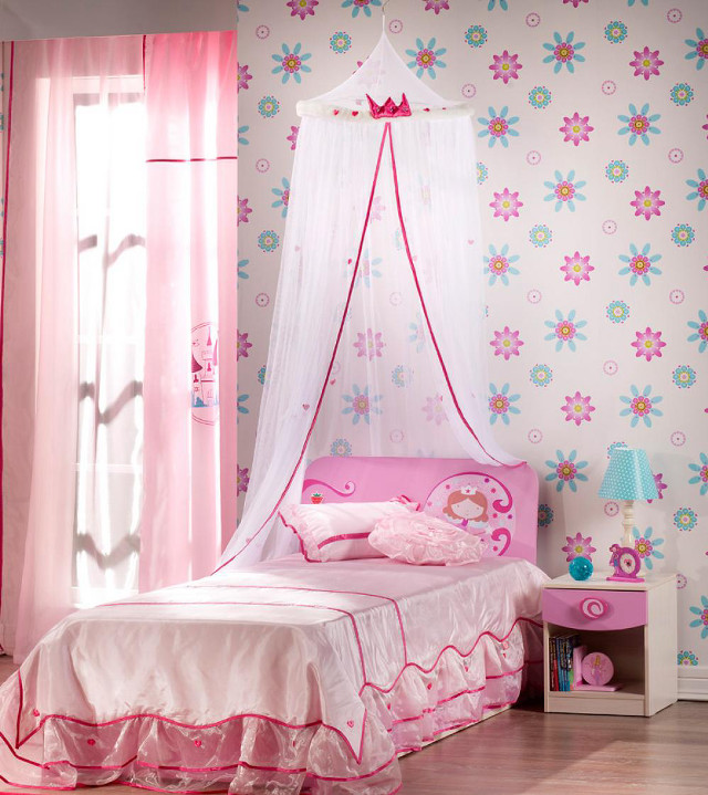 Pink canopy bed rococo floral free wallpaper - medium preview image