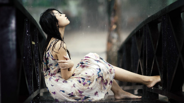 Woman sitting bridge rain blackhair free wallpaper - medium preview image