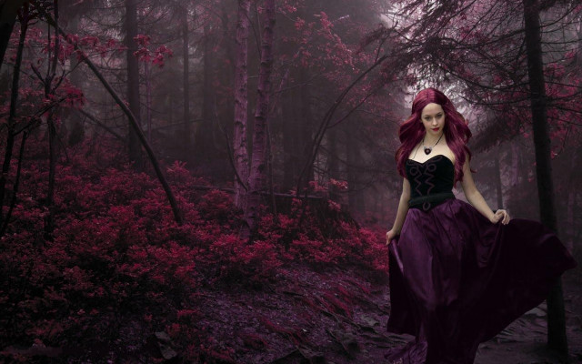 Woman purple dress forest trees free wallpaper - medium preview image
