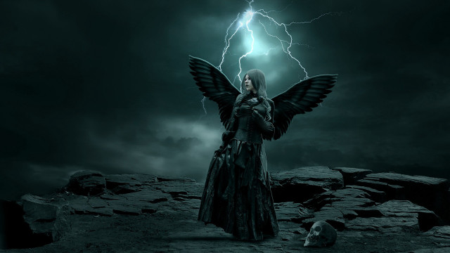 Woman wings field dog lightning free wallpaper - medium preview image