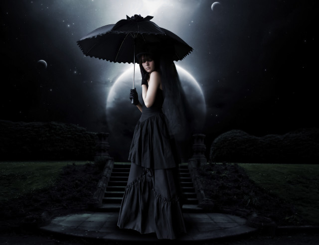 Woman black dress umbrella full free wallpaper - medium preview image