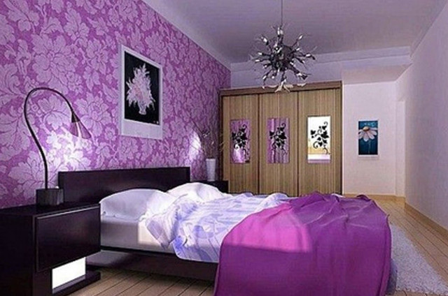 Purple bedroom white bed black free wallpaper - medium preview image