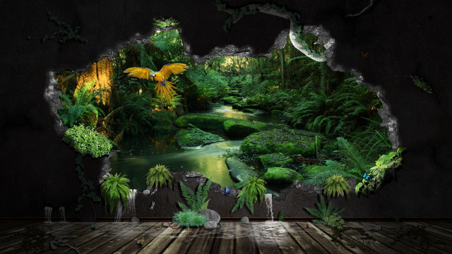 Forest river trees wooden floor free wallpaper - medium preview image
