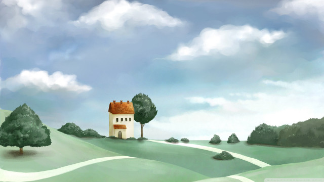 House hill trees clouds painting free wallpaper - medium preview image