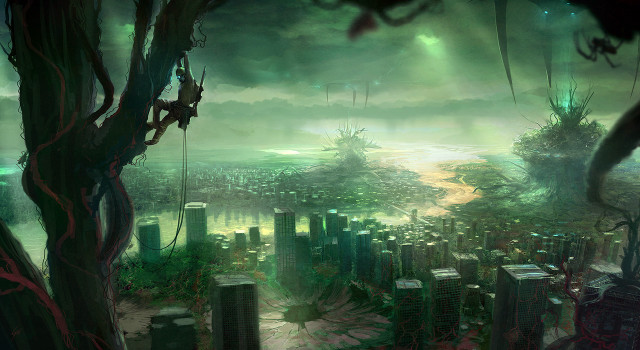 Futuristic city trees buildings background free wallpaper - medium preview image