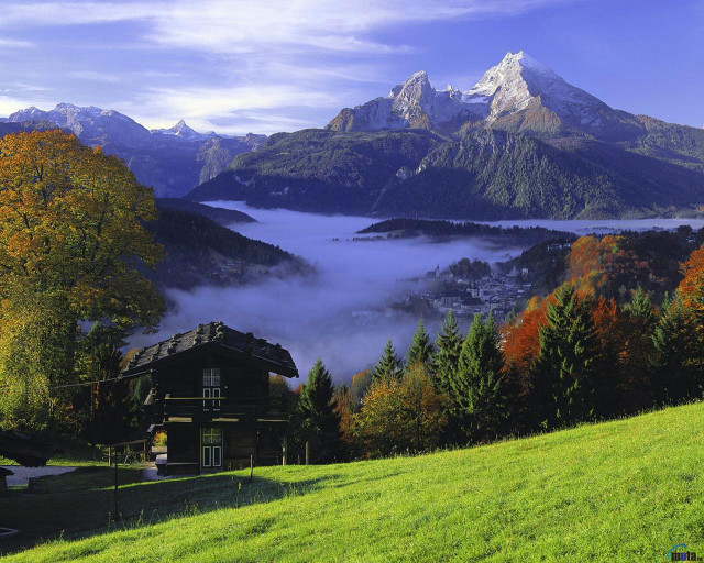 House mountains valley foggy view free wallpaper - medium preview image