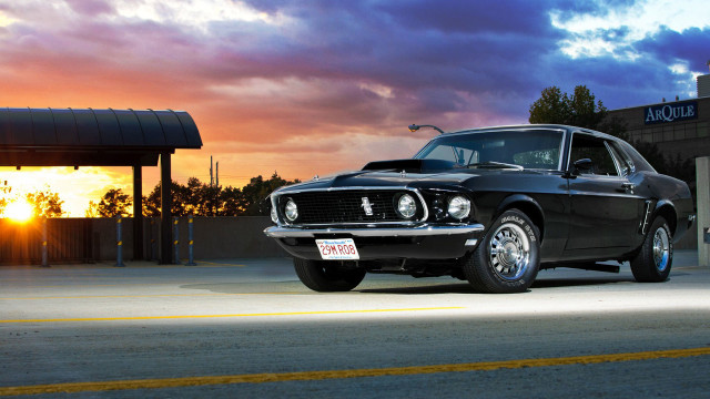 Black mustang sunset building clouds free wallpaper - medium preview image