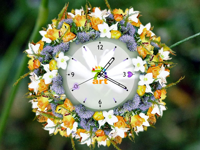 Clock flowers green background white free wallpaper - medium preview image