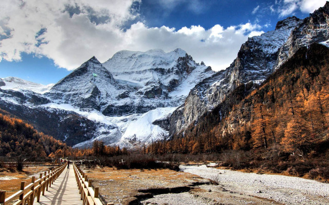 Wooden walkway mountain river snowy free wallpaper - medium preview image