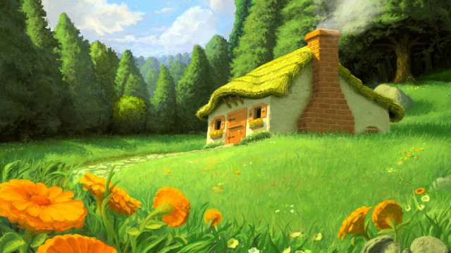 House field flowers trees stream free wallpaper - medium preview image