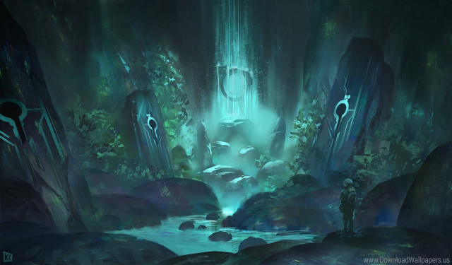 Man cave stream waterfall painting free wallpaper - medium preview image
