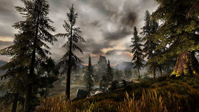 Forest mountain clouds sky painting free wallpaper - medium preview image