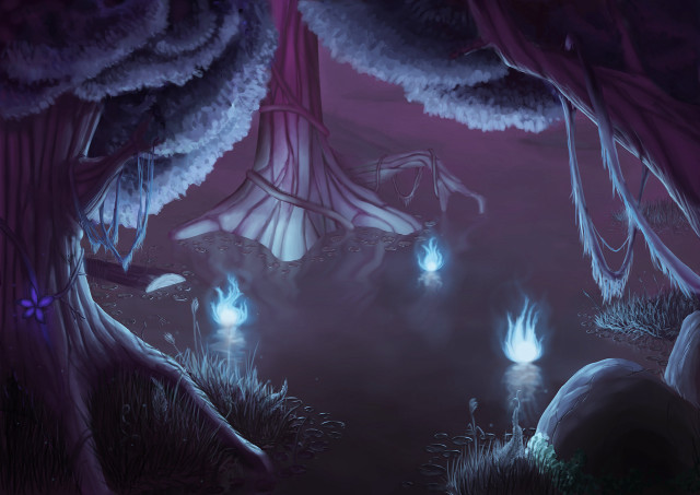 Forest fireflies trees bushes purple free wallpaper - medium preview image