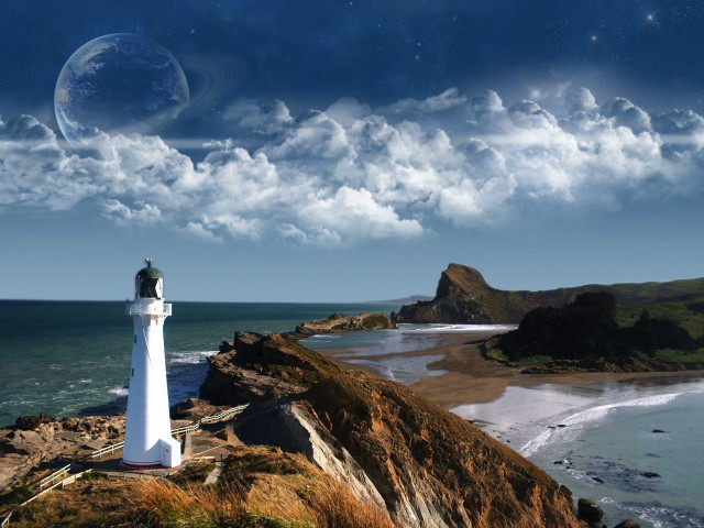 Lighthouse rocky cliff ocean distant free wallpaper - medium preview image