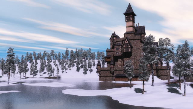 Castle snow lake trees background free wallpaper - medium preview image