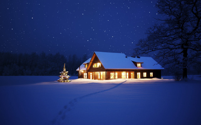 House snow night christmas stars free wallpaper for desktop - medium preview image