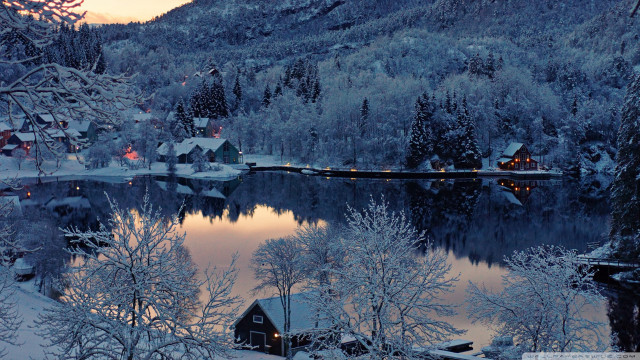 Lake snow trees mountain village free wallpaper - medium preview image