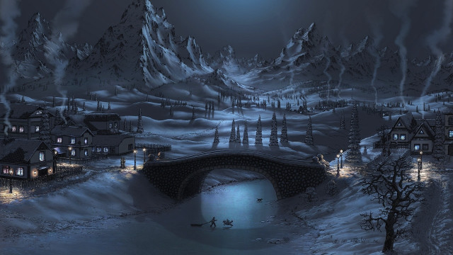 Snowy landscape bridge houses night free wallpaper - medium preview image