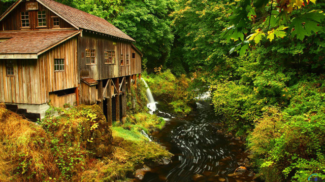 Wooden building waterfall trees stream free wallpaper - medium preview image
