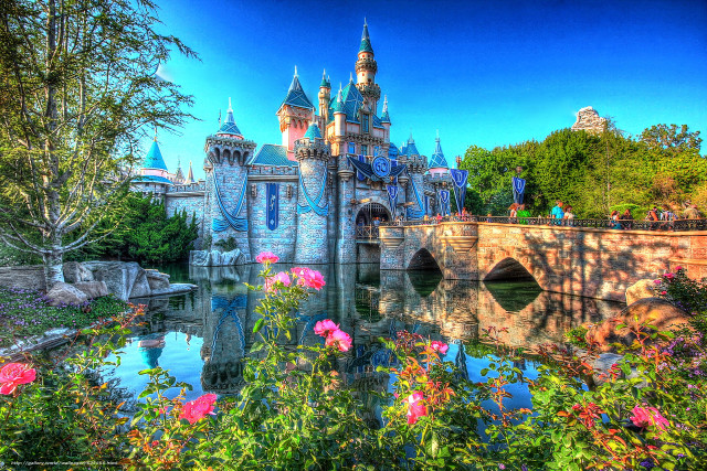 Castle bridge flowers pond scenery free wallpaper - medium preview image