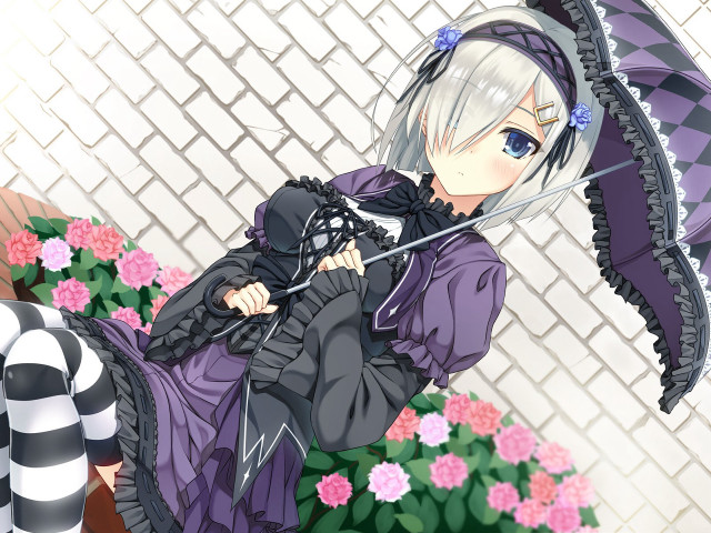 Woman purple dress black umbrella free wallpaper - medium preview image